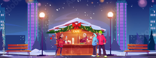 Winter cafe building outside on street vector background. Night city park shop with coffee and people character. Decorated Christmas urban outdoor store exterior with falling snow. Girl in local pub