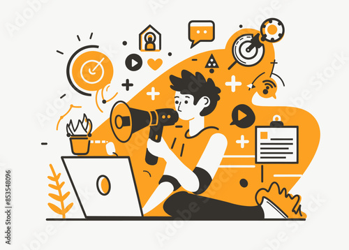 Digital Illustration: A Man Engrossed in Work on a Laptop, Surrounded by Symbols of Technology, Communication, and Creativity