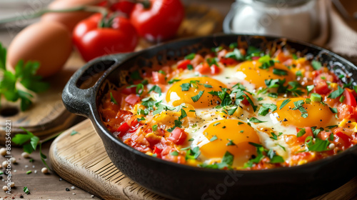 Shakshouka in a pan, dish of eggs poached in a sauce of tomatoes, chili peppers and onions