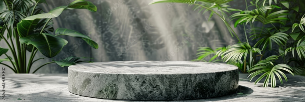 Round gray stone cosmetics product advertising podium stand with tropical leaves background. Empty natural stone pedestal platform to display beauty product. Mockup for business Round gray stone cosmetics product advertising podium stand with tropical leaves background. Empty natural stone pedestal platform to display beauty product. Mockup for business