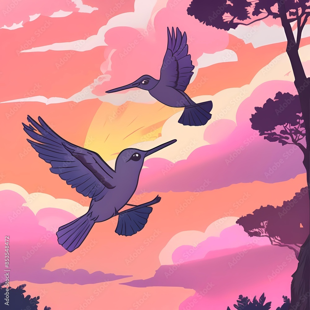 Fototapeta premium Birds flying to and fro in the forest with a beautiful sunset