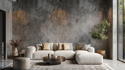 Modern living room interior in loft industrial style with furniture