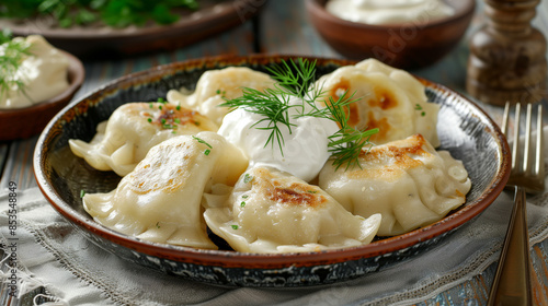 Homemade polish pierogis with sour cream and parsley