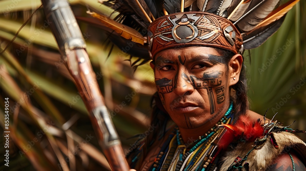 Fierce Warrior Holding Spear in Traditional Ceremonial Attire Fierce Warrior Holding Spear in Traditional Ceremonial Attire