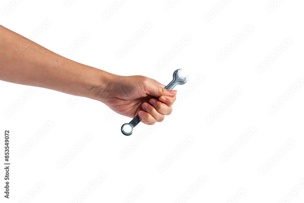 Fototapeta premium Hand holding a wrench isolated on transparent background.