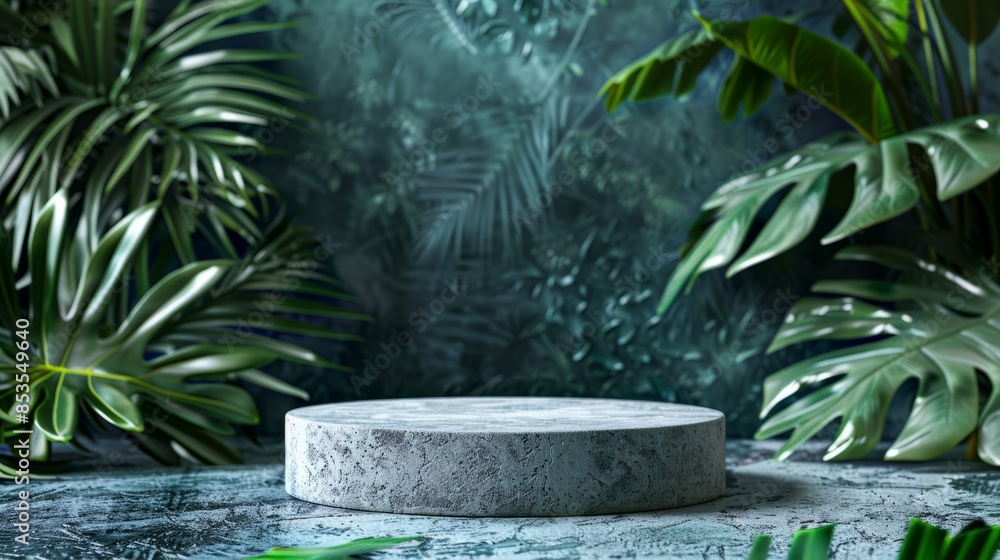 Round gray stone cosmetics product advertising podium stand with tropical leaves background. Empty natural stone pedestal platform to display beauty product. Mockup Round gray stone cosmetics product advertising podium stand with tropical leaves background. Empty natural stone pedestal platform to display beauty product. Mockup