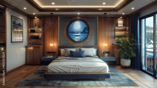 Front View Of A Modern Bedroom Interior In Nautical Marine Style, Featuring Blue Decorative Accents For A Coastal Ambiance, High Quality, HD