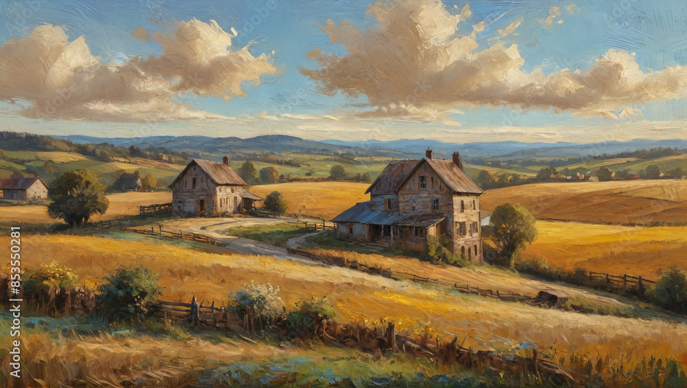 A charming oil painting with dense, layered paint depicting a rustic farmhouse in a rolling countryside, with golden fields and a clear blue sky, Generative AI A charming oil painting with dense, layered paint depicting a rustic farmhouse in a rolling countryside, with golden fields and a clear blue sky, Generative AI