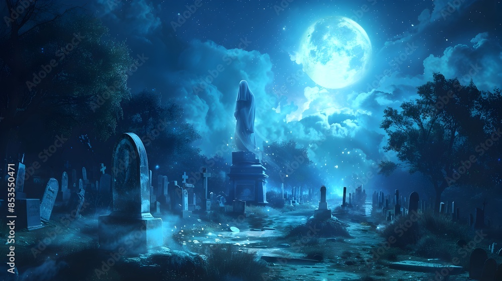 Ghostly Spirit Rising from Moonlit Cemetery Tombstone Ghostly Spirit Rising from Moonlit Cemetery Tombstone