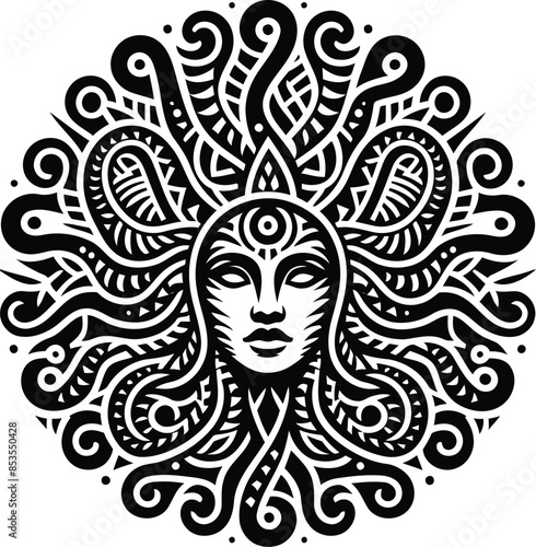  medusa silhouete with Polynesian ethnic pattern illustration