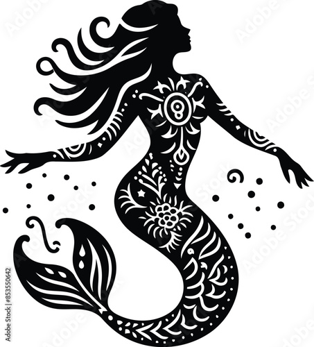 mermaid in silhouete with bohemian nature pattern illustration