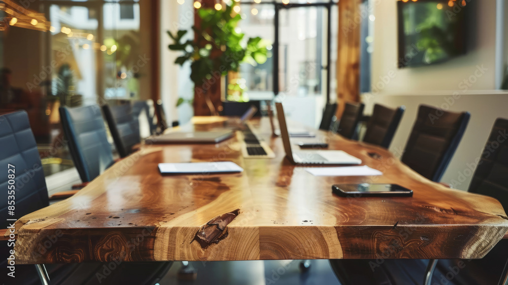 Long Wooden Table with Modern Chairs, Laptops, and Notepads for Business Discussions Long Wooden Table with Modern Chairs, Laptops, and Notepads for Business Discussions