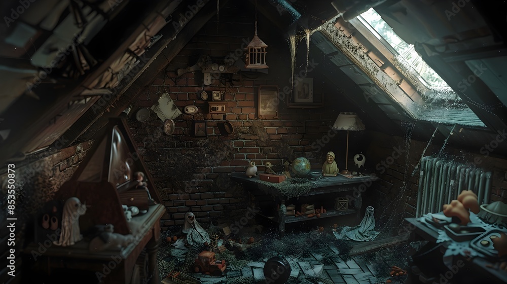 Haunting Attic Filled with Ghostly Toys and an Eerie Supernatural Atmosphere Haunting Attic Filled with Ghostly Toys and an Eerie Supernatural Atmosphere