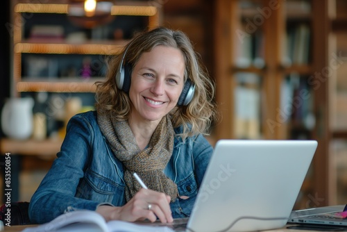 A smiling middle-aged business woman wearing headphones looks at her laptop computer while doing an online training video conference call working from home