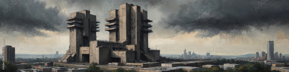 A dramatic oil painting with thick, textured layers depicting a towering, ominous brutalist structure dominating an open urban landscape, Generative AI A dramatic oil painting with thick, textured layers depicting a towering, ominous brutalist structure dominating an open urban landscape, Generative AI