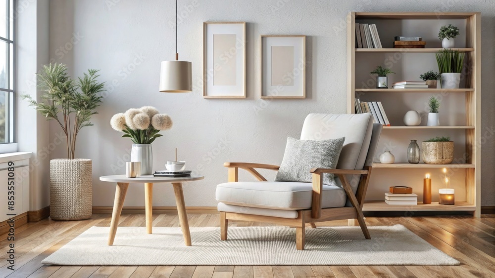 The photo depicts a modern and minimalistic living room interior. The photo depicts a modern and minimalistic living room interior.