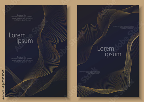 Luxury invitation card background set. Abstract Golden geometric shape, gold line gradient on dark background. Premium design for gala card, grand opening, party invitation, layout, templates.