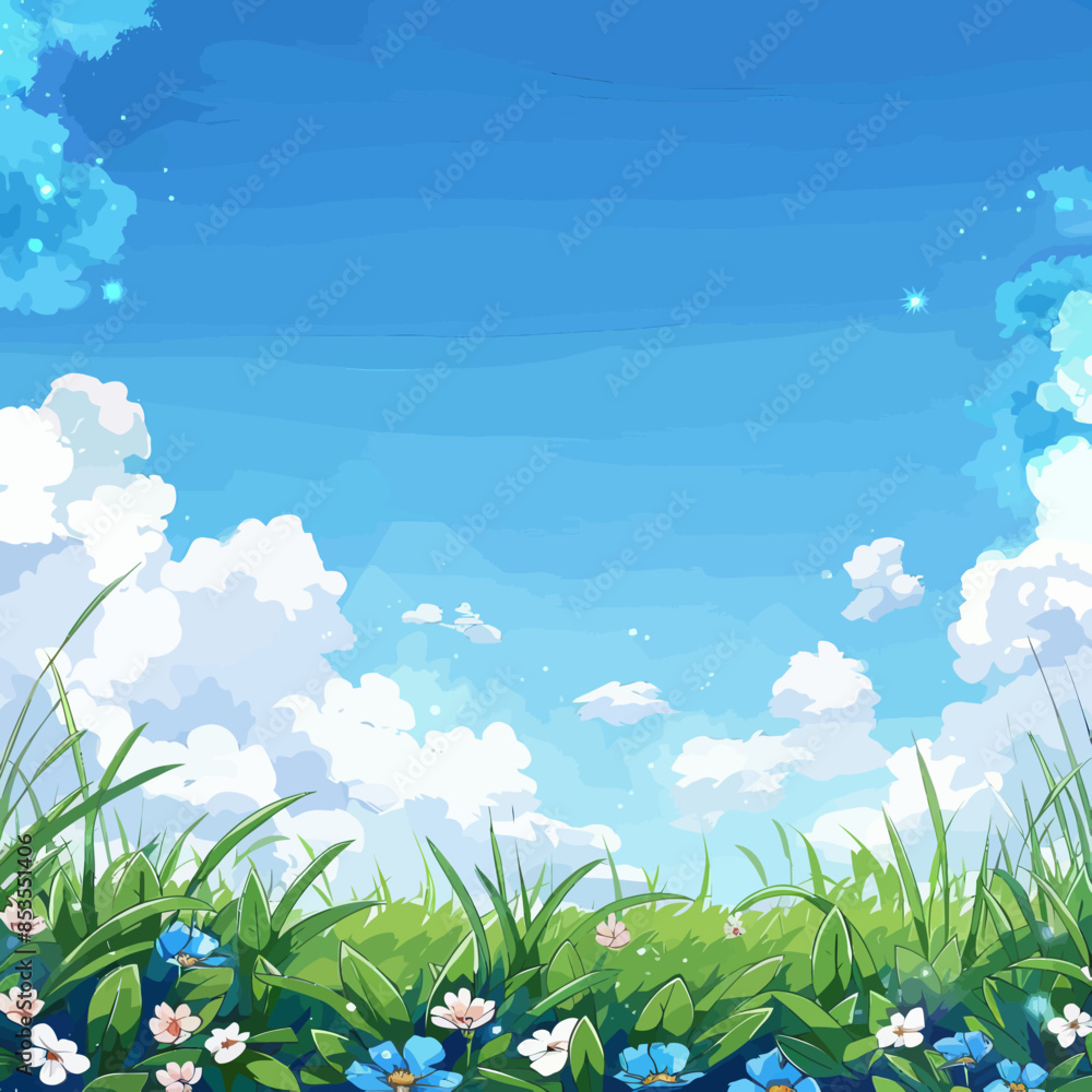 Serene Skyline with Fluffy Clouds and Vibrant Wildflowers Serene Skyline with Fluffy Clouds and Vibrant Wildflowers