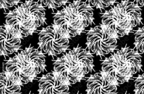 Seamless end-to-end pattern of swirling floral mandalas. Halftone dotted base has shift. Transparent background. Vector.
