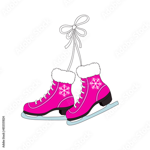 Pink Doll ice skates vector illustration. Pinky Girlish Xmas vibes pre-made card