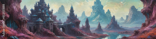 A vivid oil painting of a giant, crystalline palace on an alien world, its thick, multi-layered paint creating a striking, textured appearance, Generative AI photo