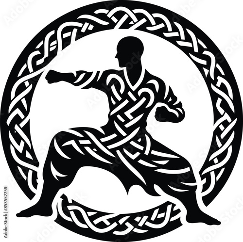 monk shaolin warrior in silhouete with celtic knot pattern illustration