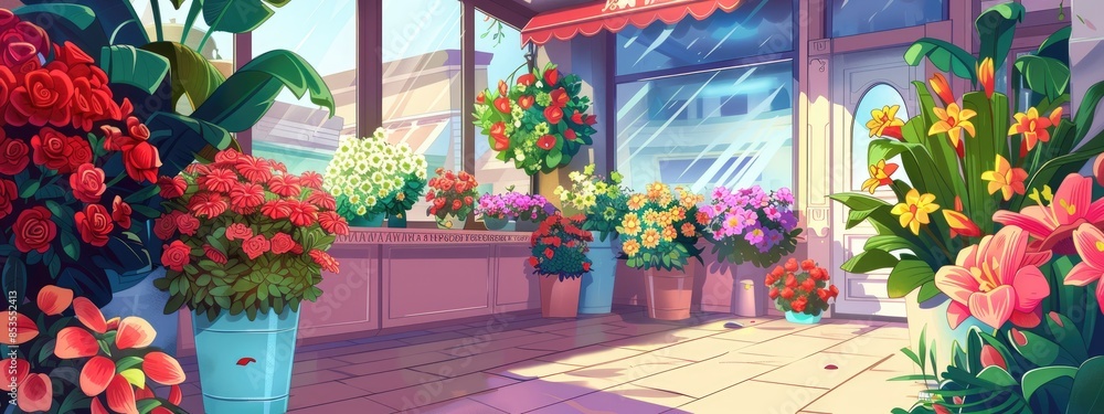 Obraz premium Cozy corner in a modern shopping center, where a variety of flowers and bouquets are presented.