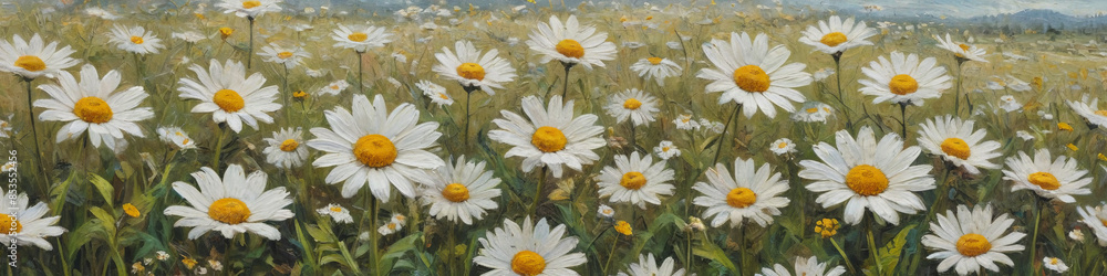 A dynamic oil painting of a field of wildflowers, featuring oversized daisies with thick, impasto layers of white and yellow paint, capturing the wild beauty of nature, Generative AI A dynamic oil painting of a field of wildflowers, featuring oversized daisies with thick, impasto layers of white and yellow paint, capturing the wild beauty of nature, Generative AI
