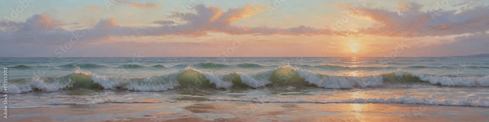 An enchanting oil painting of a tranquil beach at dawn, the thick, textured paint conveying the gentle waves and soft hues of the early morning light, Generative AI An enchanting oil painting of a tranquil beach at dawn, the thick, textured paint conveying the gentle waves and soft hues of the early morning light, Generative AI