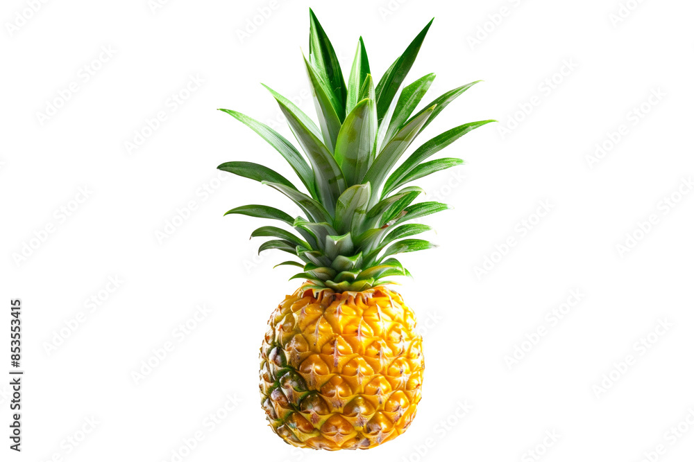 A fresh pineapple with green leaves, ready to eat, set against a white background