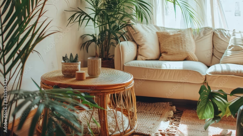 Fototapeta premium Interior Design Of A Living Room With A Small Table, Sofa, White Walls, And Plants, High Quality, HD