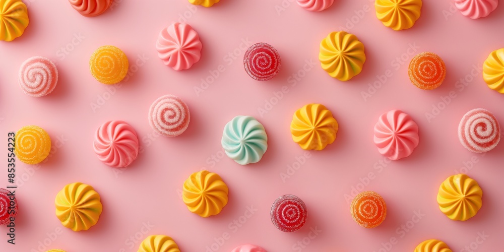 Obraz premium Overhead shot of a delightful assortment of colorful candies neatly arranged on a pink background