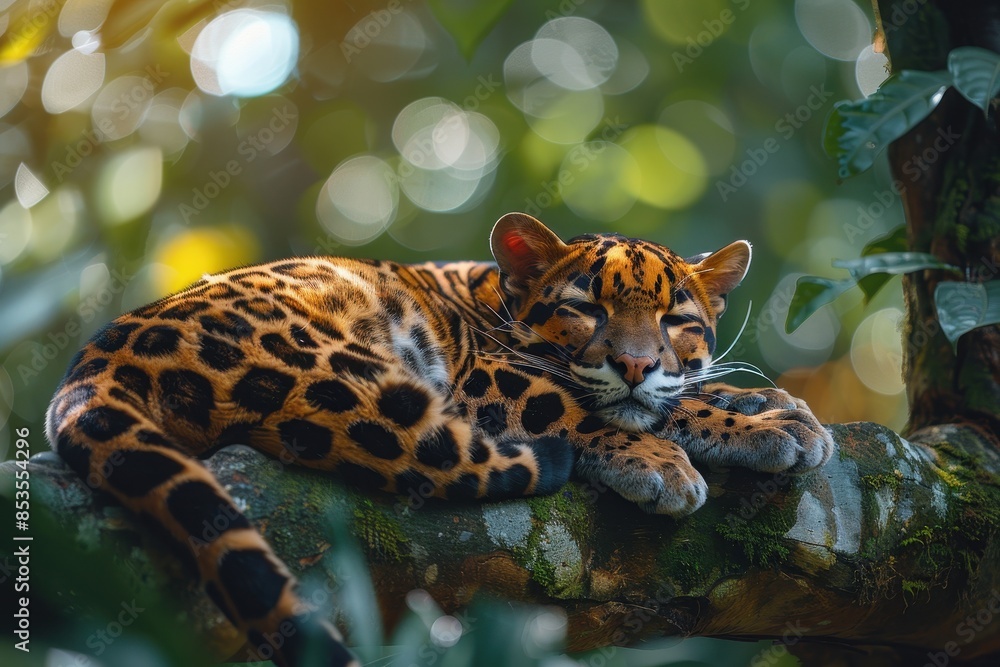 A clouded leopard resting on a tree branch in a dense rainforest, its beautiful, cloud-like spots and graceful posture showcased in the dappled sunlight. A clouded leopard resting on a tree branch in a dense rainforest, its beautiful, cloud-like spots and graceful posture showcased in the dappled sunlight.