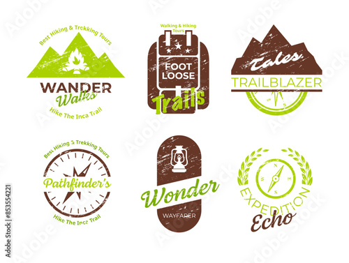 Hiking travel trekking tour expedition grunge texture label design template set vector flat