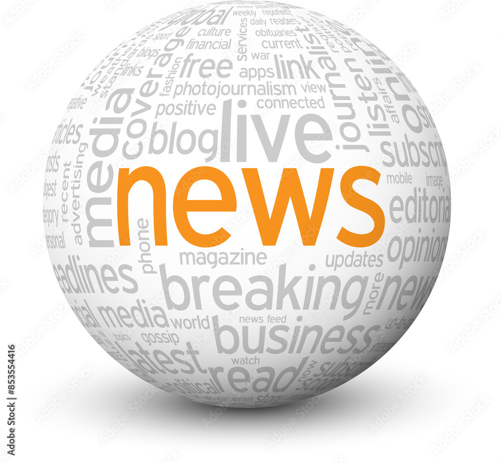 NEWS orange and gray word cloud on sphere with drop shadow on transparent background NEWS orange and gray word cloud on sphere with drop shadow on transparent background