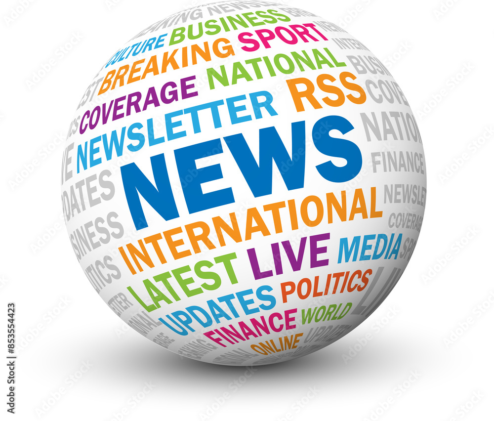 NEWS word cloud on sphere with drop shadow on transparent background NEWS word cloud on sphere with drop shadow on transparent background