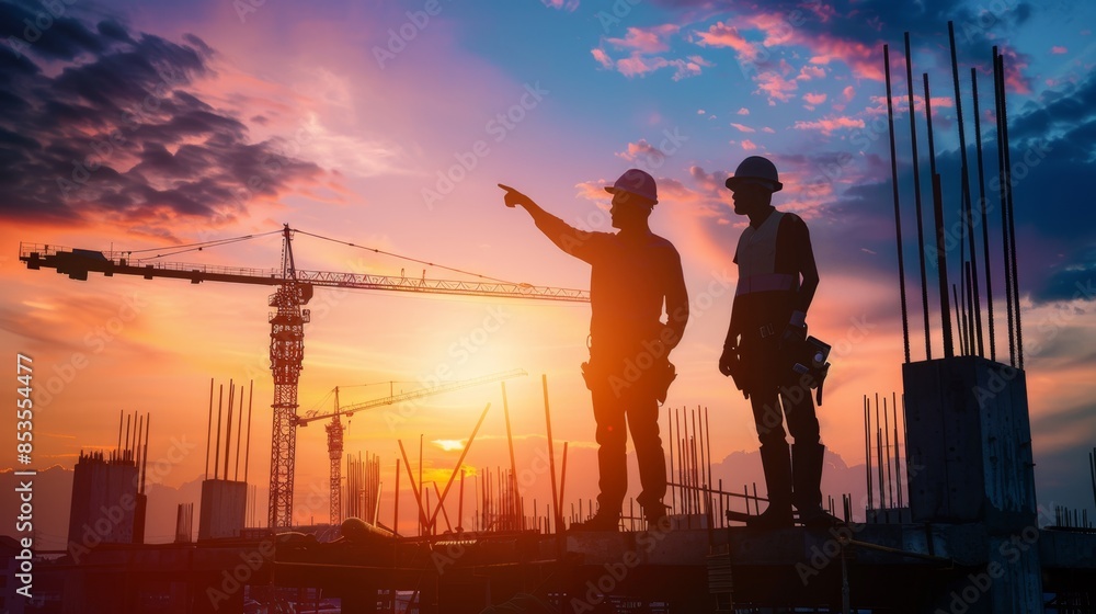 Fototapeta premium The construction workers at sunset