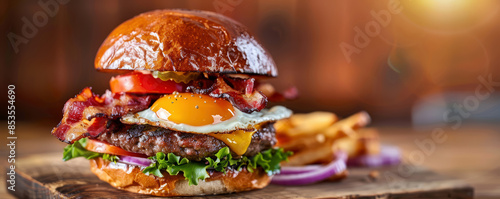 hamburger with wagyu, crispy bacon, chedar cheese, salad, tomatoe, fried egg and red onion photo