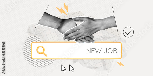 Trendy Halftone Collage Online Job Hiring. Handshake and search bar. Business agreement and remote working concept. Job deal. Career training. Contemporary vector art illustration