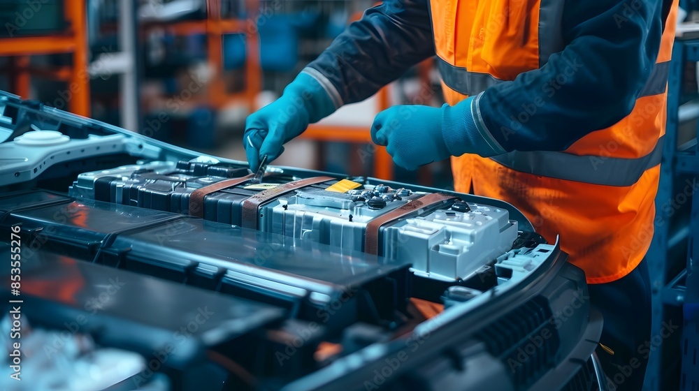 Naklejka premium Technician Repairing Electric Vehicle Battery Pack in Workshop
