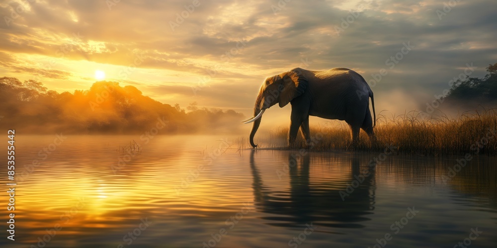 Fototapeta premium A captivating image of an elephant walking through a river with the rising sun casting a misty glow over the scene