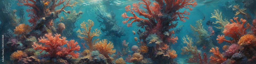 Fototapeta premium Ethereal creatures and vibrant corals come to life in bold, textured oil strokes, creating a surreal underwater realm filled with mystery and wonder, Generative AI