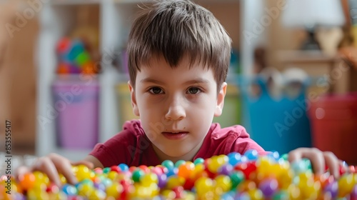 The child with autism engages in a joyful sensory activity with colorful toys and textures