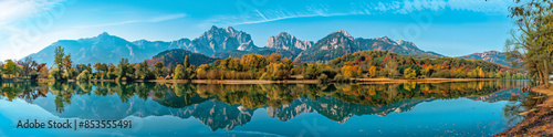 panoramic view of the mountain range with clear blue sky and reflection in lake, trees on shore, digital art style
