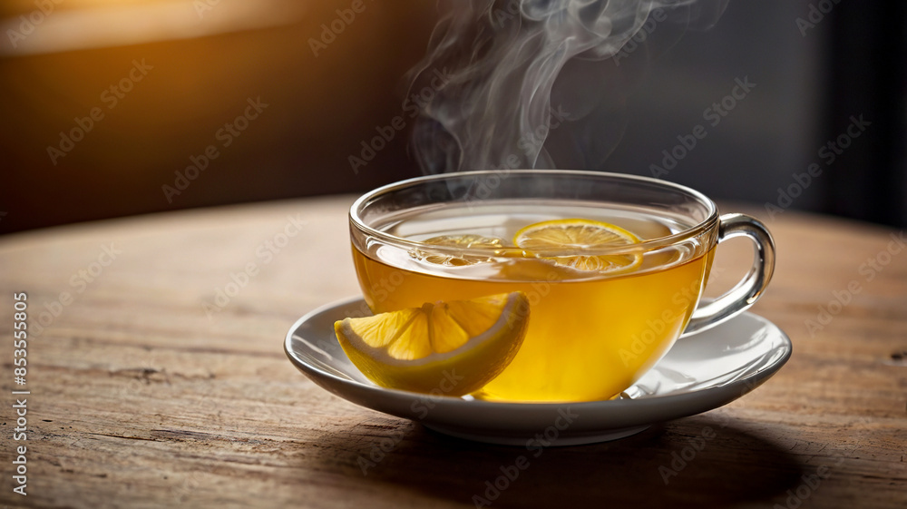 Hot steaming fresh lemon tea on a dark wooden table Hot steaming fresh lemon tea on a dark wooden table