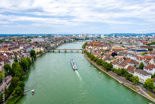 Basel, Switzerland. Barge tanker on the Rhine river. Summer day. Aerial view