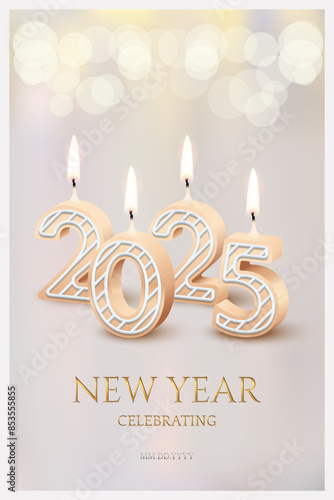 2025 New Year and Merry Christmas holiday party celebrating, 2025 candle numbers with fire. Candlelight beige decor with bokeh and blur for romantic celebration. Greeting card vector illustration
