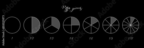 Pizza slices. Circle pie divided in segments from 1 to 12 isolated on black background. Round shape cut in equal parts in outline style