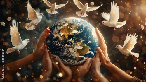 A globe of Earth held by hands with white doves flying around it photo