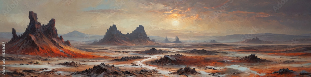 Naklejka premium Raw wastelands on a barren planet are depicted with thick, textured oil layers, showcasing diverse atmospheric conditions from scorching heat to freezing cold, Generative AI